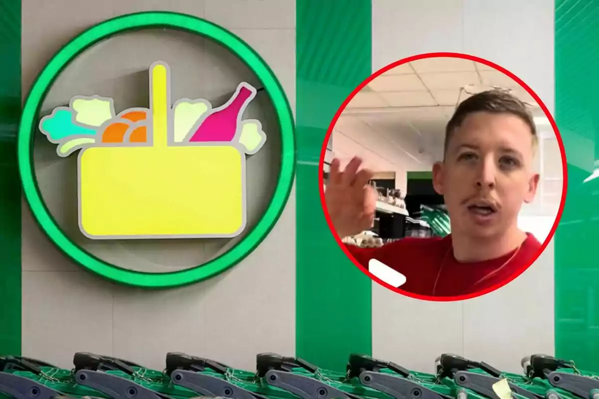 Logotip de supermercat amb un cercle verd i un carro groc amb aliments, al costat de la imatge d’un home a l’interior de la botiga
