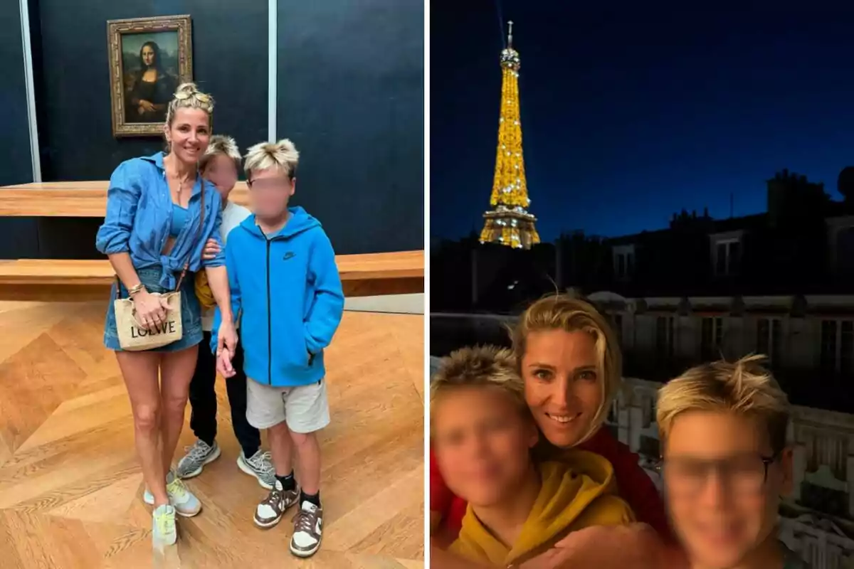 Elsa Pataky y dos niños posan juntos en un museo con la Mona Lisa al fondo y en otra foto están abrazados con la Torre Eiffel iluminada de noche detrás de ellos. Elsa Pataky y dos niños posan juntos en un museo con la Mona Lisa al fondo y en otra foto están abrazados con la Torre Eiffel iluminada de noche detrás de ellos.