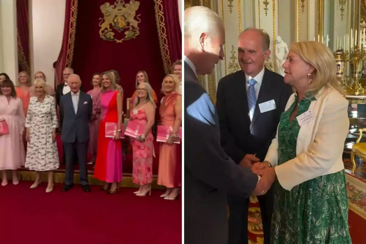 A group of elegantly dressed people poses in a room with a red carpet and curtains, while in another scene a man shakes hands with a woman in a luxurious setting. A group of elegantly dressed people poses in a room with a red carpet and curtains, while in another scene a man shakes hands with a woman in a luxurious setting.