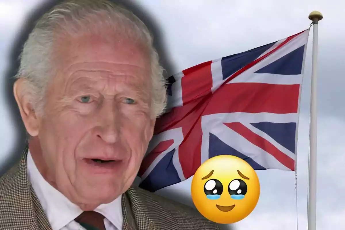 Charles III with a serious expression in front of a United Kingdom flag and a crying face emoji