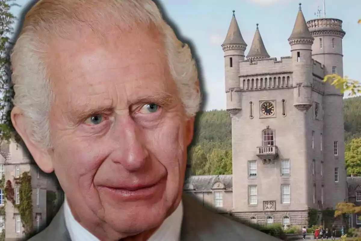 Charles III in the foreground with an ancient castle in the background