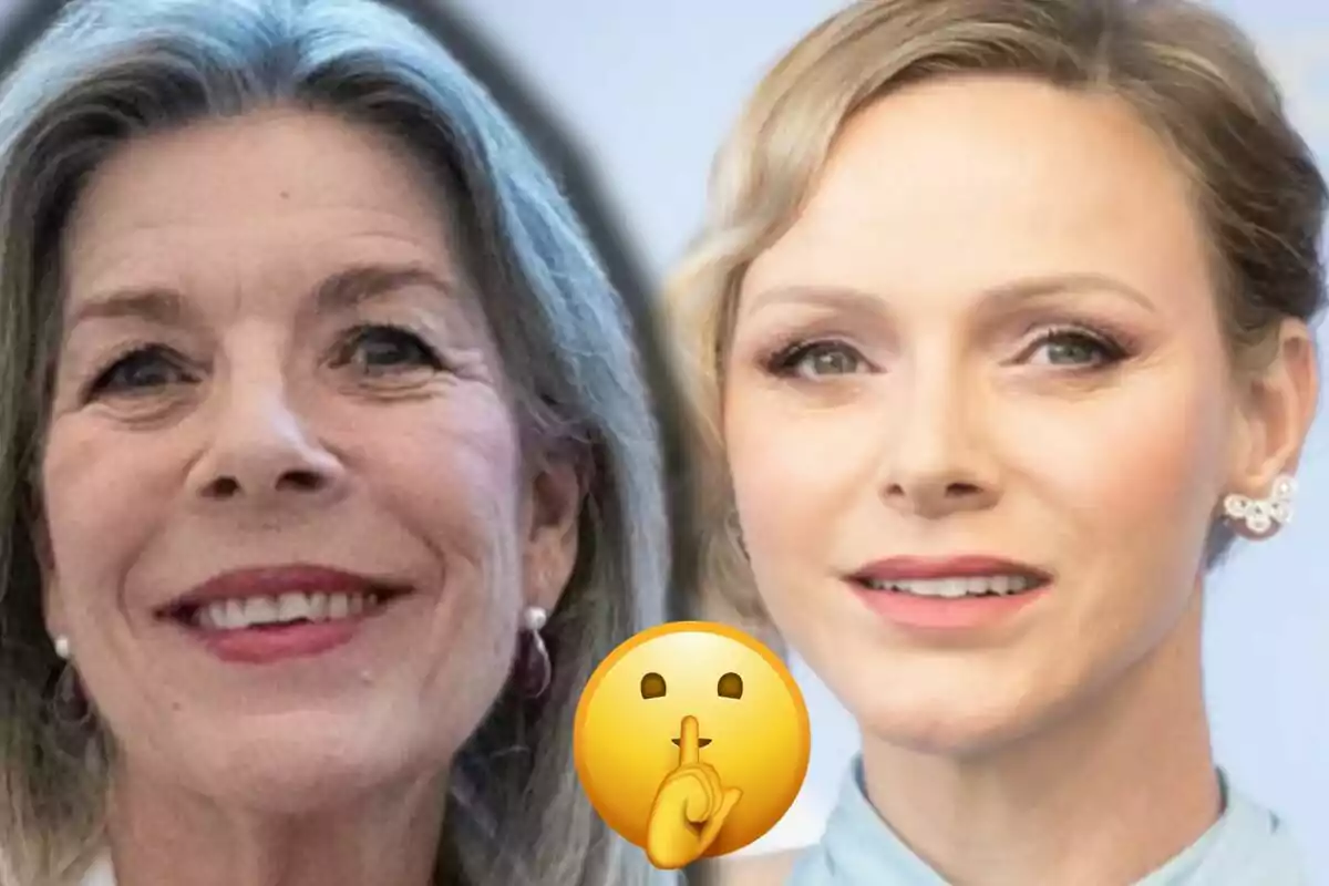 Carolina de Mónaco y Charlene sonrientes en primer plano con un emoji de silencio en el centro