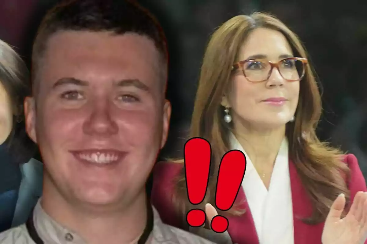 Christian de Dinamarca somrient en primer pla al costat de la Mary amb ulleres i un parell de signes d’exclamació vermells entre ells
