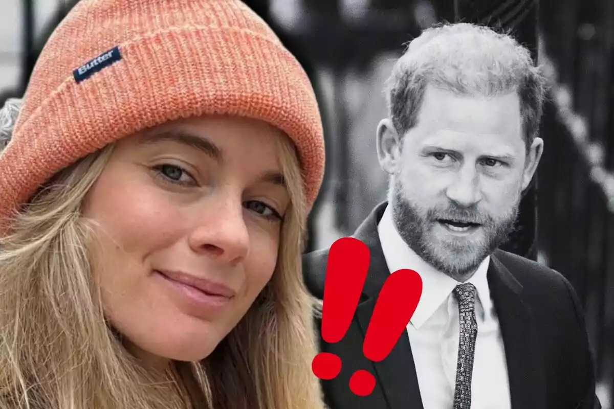 Cressida Bonas con gorro naranja sonríe en primer plano mientras el príncipe Harry con traje aparece en blanco y negro al fondo junto a dos signos de exclamación rojos