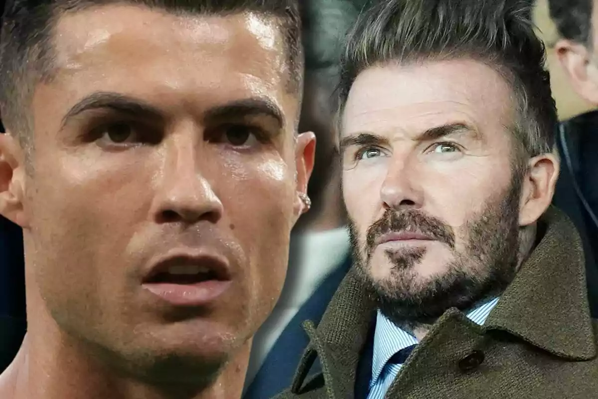 Primer plano de Cristiano Ronaldo y David Beckham con expresiones serias uno con cabello corto y otro con barba y saco
