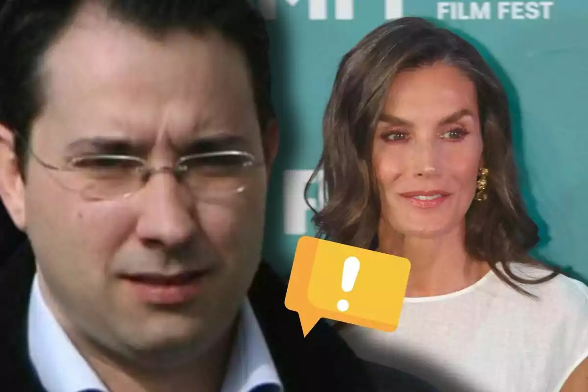 David Rocasolano with a serious expression appears next to Queen Letizia in a white dress against a blue background, with a yellow warning icon in the foreground.