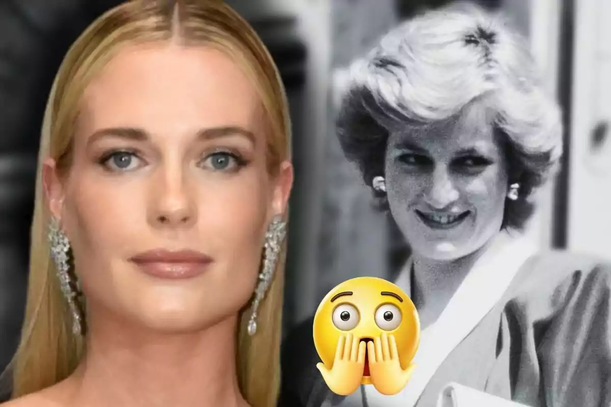 Eliza Spencer i Lady Di, una en color i l’altra en blanc i negre, amb un emoji de sorpresa al centre.