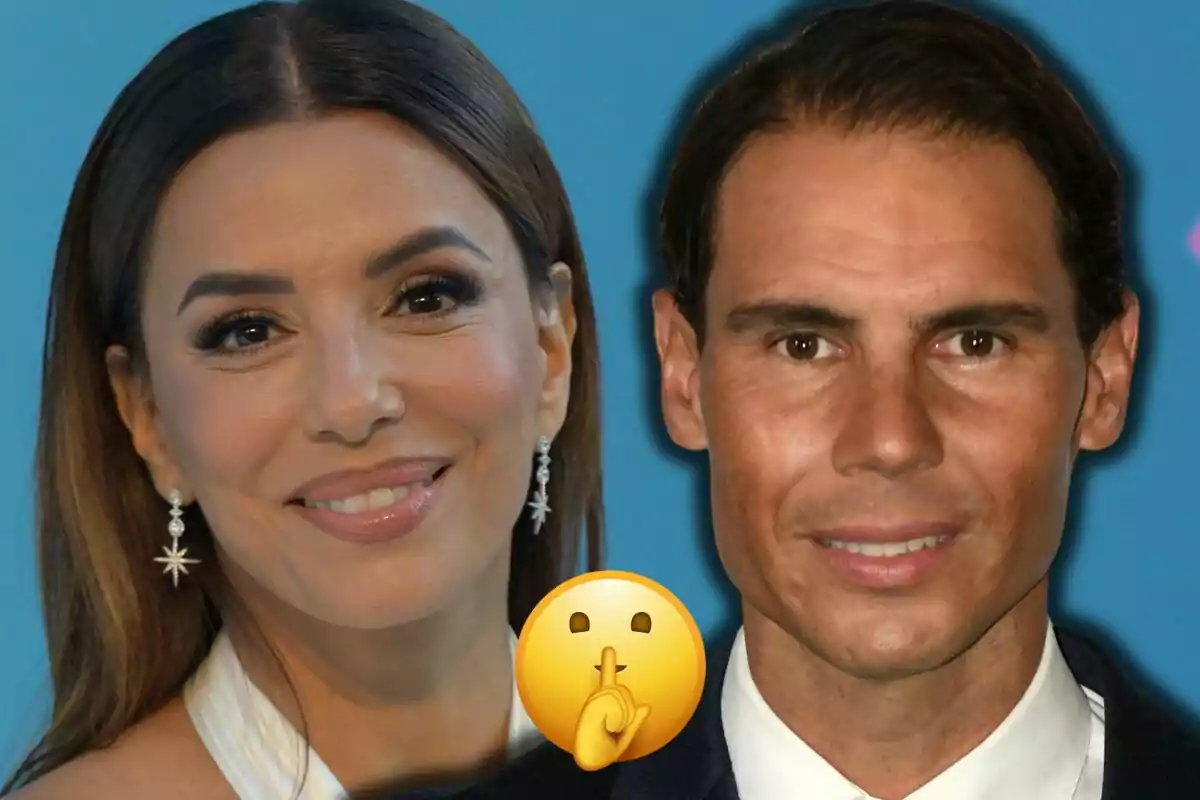 Eva Longoria and Rafa Nadal, smiling, pose together in front of a blue background with a shushing emoji in the center.
