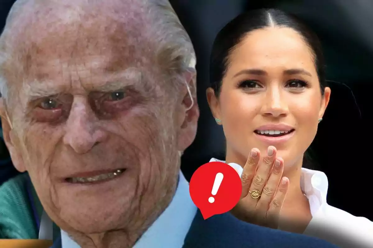 Felip d’Edimburg i Meghan Markle apareixen junts a la imatge, amb una icona d’advertència vermella en primer pla.