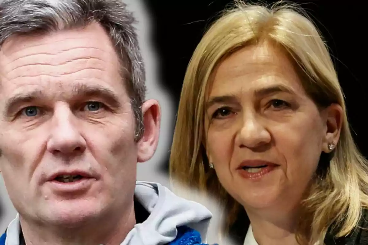 Primer pla d’Iñaki Urdangarin i la infanta Cristina, tots dos mirant cap a la càmera amb un fons fosc difuminat. Primer pla d’Iñaki Urdangarin i la infanta Cristina, tots dos mirant cap a la càmera amb un fons fosc difuminat.