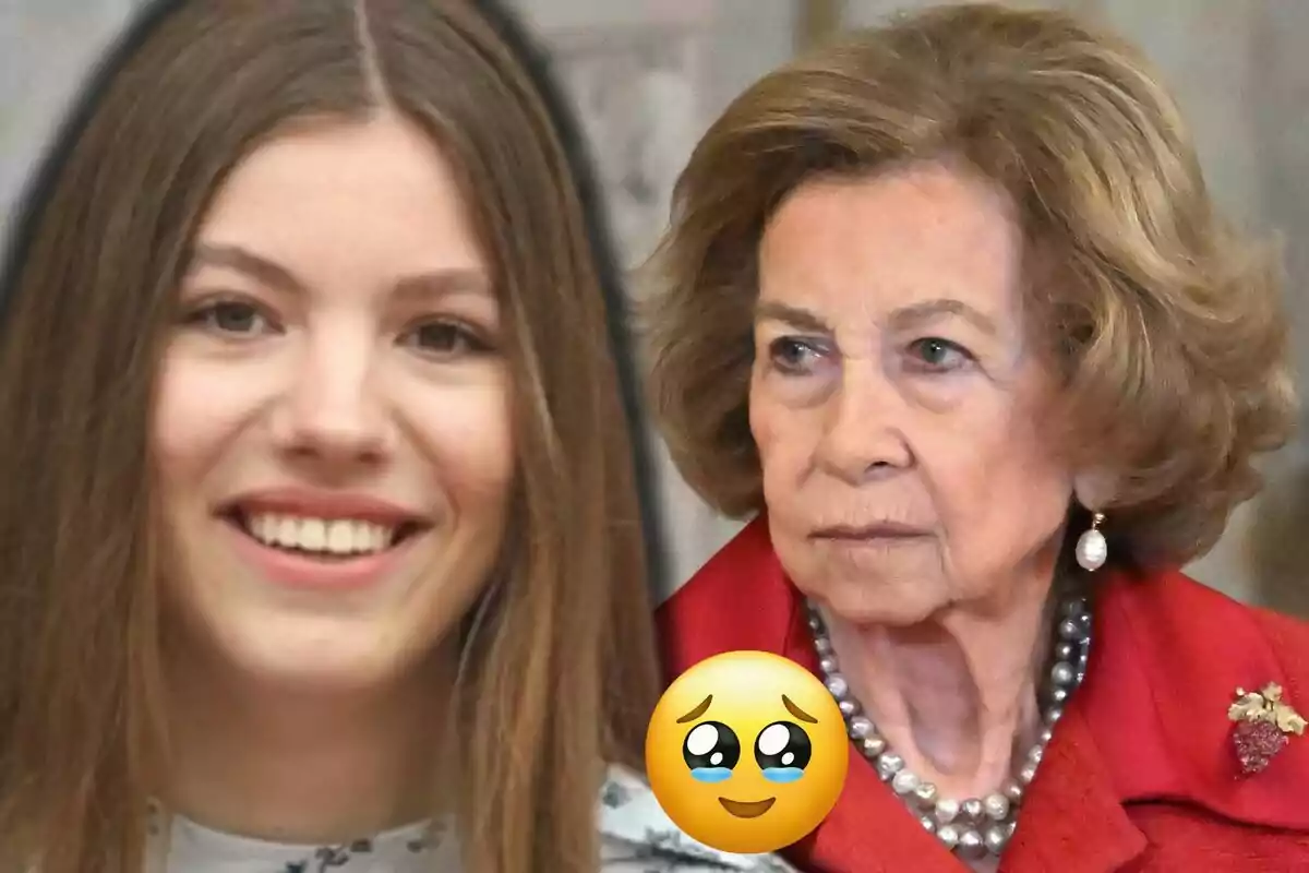 La infanta Sofía y la reina Sofía, una joven sonriente y una mayor con expresión seria, junto a un emoji de carita llorando con ternura.