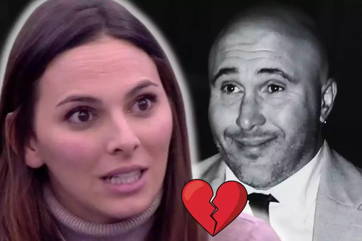 Irene Rosales con expresión seria y Kiko Rivera en blanco y negro al fondo con un emoji de corazón roto en el centro