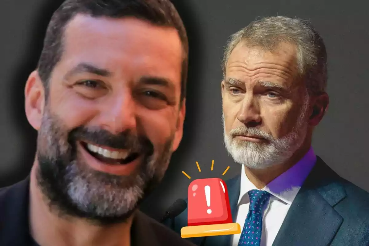 Jaime Anglada and Felipe VI, one smiling in the foreground and the other serious in the background, with a warning icon between them