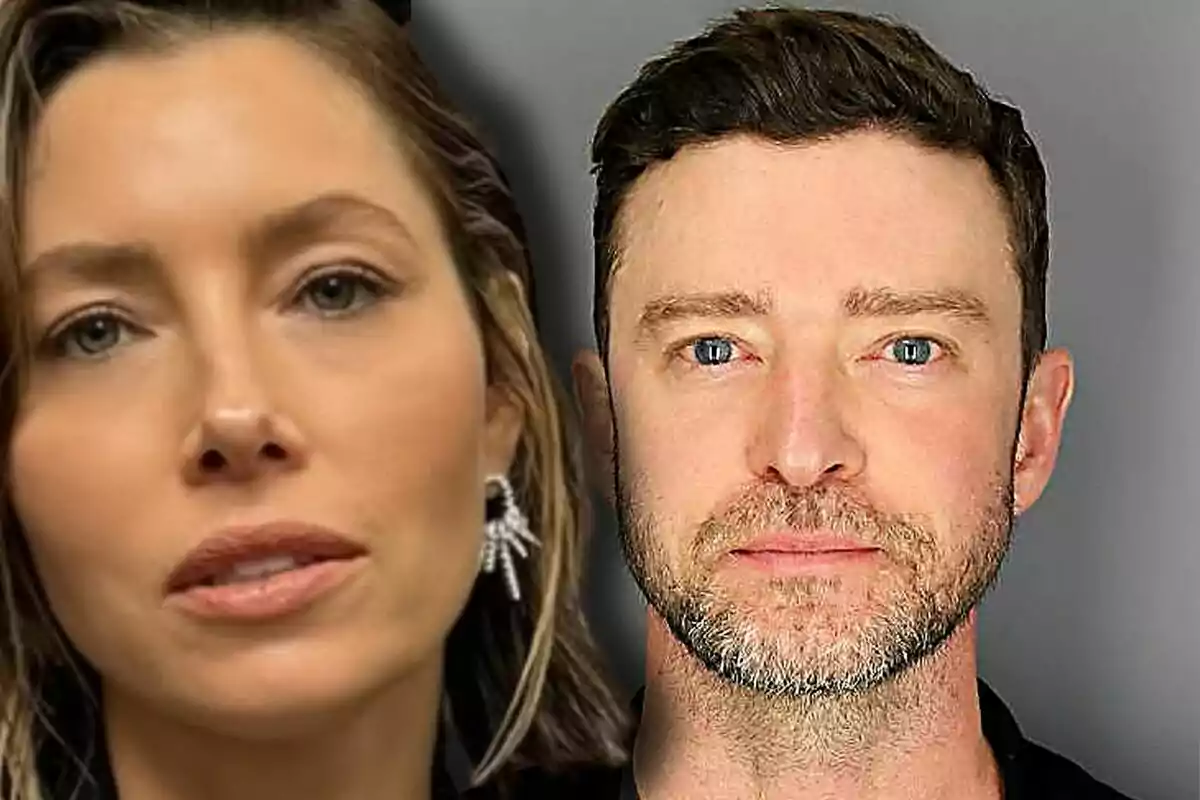 Primer pla de Jessica Biel i Justin Timberlake mirant cap a la càmera amb expressions serioses