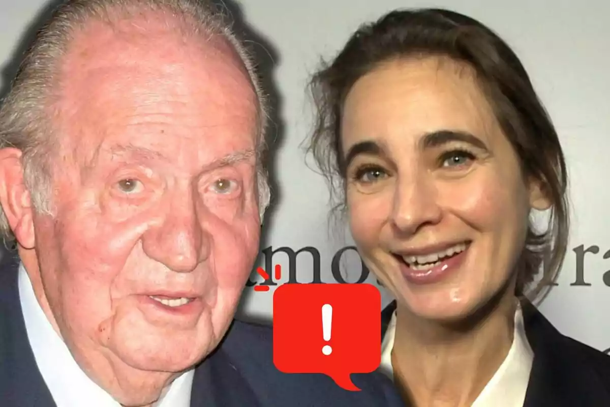 Joan Carles I i Laurence Debray somrients posen junts davant d’un fons clar, amb una icona vermella d’exclamació en primer pla. Joan Carles I i Laurence Debray somrients posen junts davant d’un fons clar, amb una icona vermella d’exclamació en primer pla.