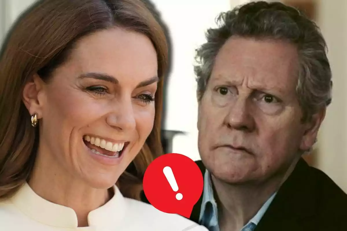 Kate Middleton somrient i Andrew Lownie amb expressió seriosa apareixen junts amb una icona d’advertència vermella al davant