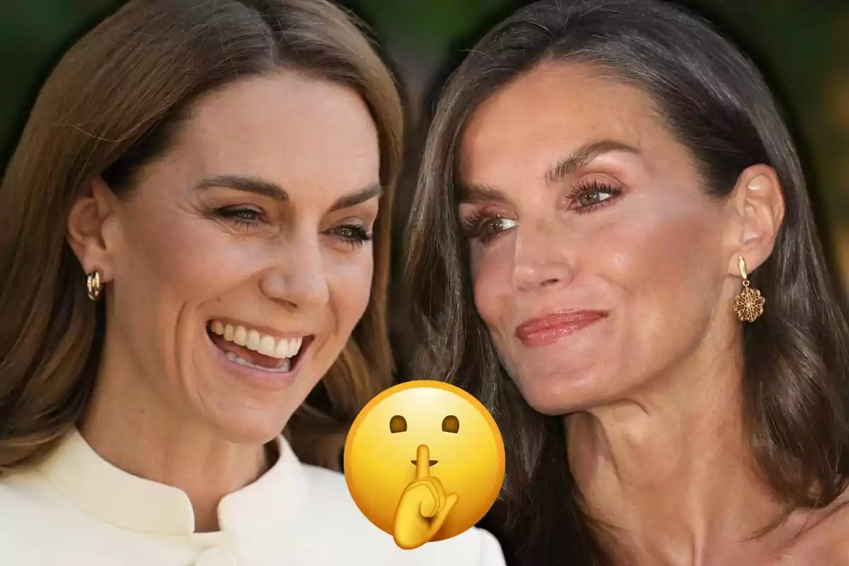 Kate Middleton i la reina Letícia somrients amb un emoji de silenci al centre