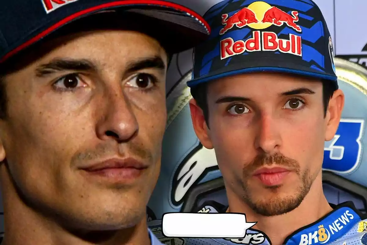 Marc i Àlex Márquez amb gorres de Red Bull miren cap endavant, un d’ells porta un uniforme de curses i hi ha un requadre de diàleg buit a la part inferior. Marc i Àlex Márquez amb gorres de Red Bull miren cap endavant, un d’ells porta un uniforme de curses i hi ha un requadre de diàleg buit a la part inferior.