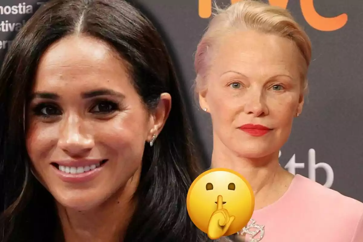 Meghan Markle i Pamela Anderson posen davant d’una paret fosca i una d’elles porta un emoji de silenci superposat a la imatge.