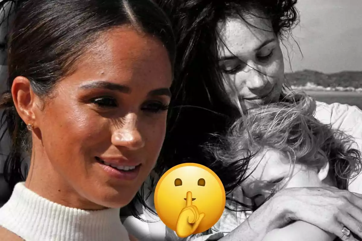 Meghan Markle en primer pla amb un fons en blanc i negre d’una mare abraçant un nen i un emoji de silenci al centre