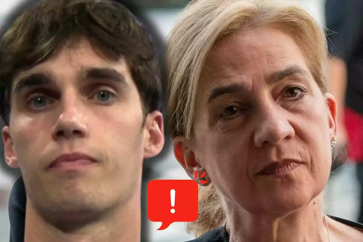 Pablo Urdangarin y la infanta Cristina miran al frente con expresiones serias, en el centro hay un ícono rojo de advertencia con un signo de exclamación.