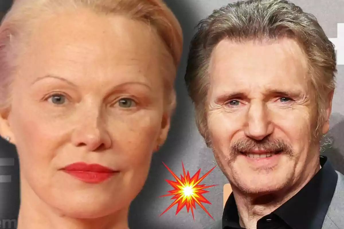 Primer plano de Pamela Anderson con labios rojos junto a Liam Neeson con una explosión gráfica entre ellos