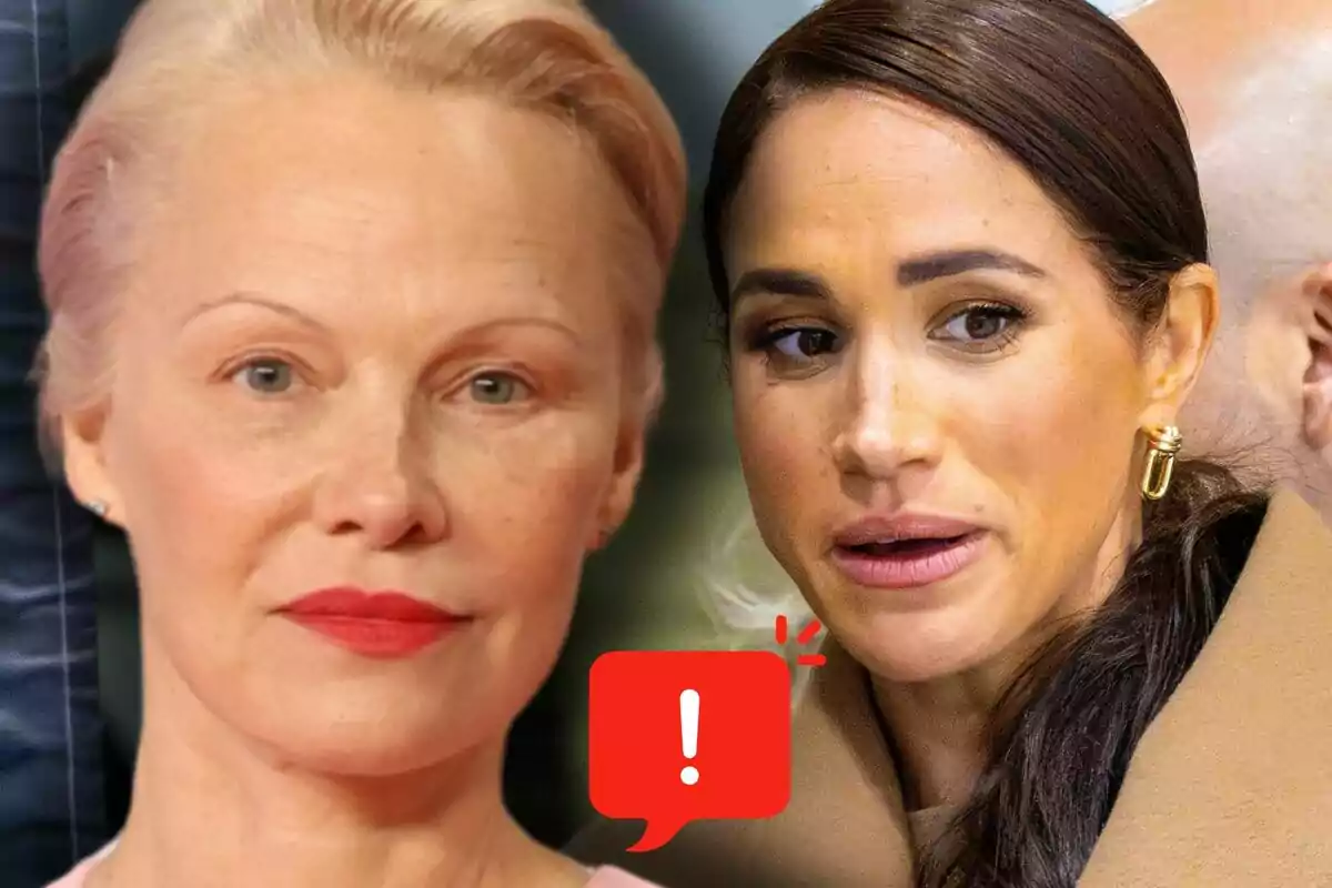 Pamela Anderson i Meghan Markle en primer pla amb una bombolla vermella d’advertència amb un signe d’exclamació entre elles