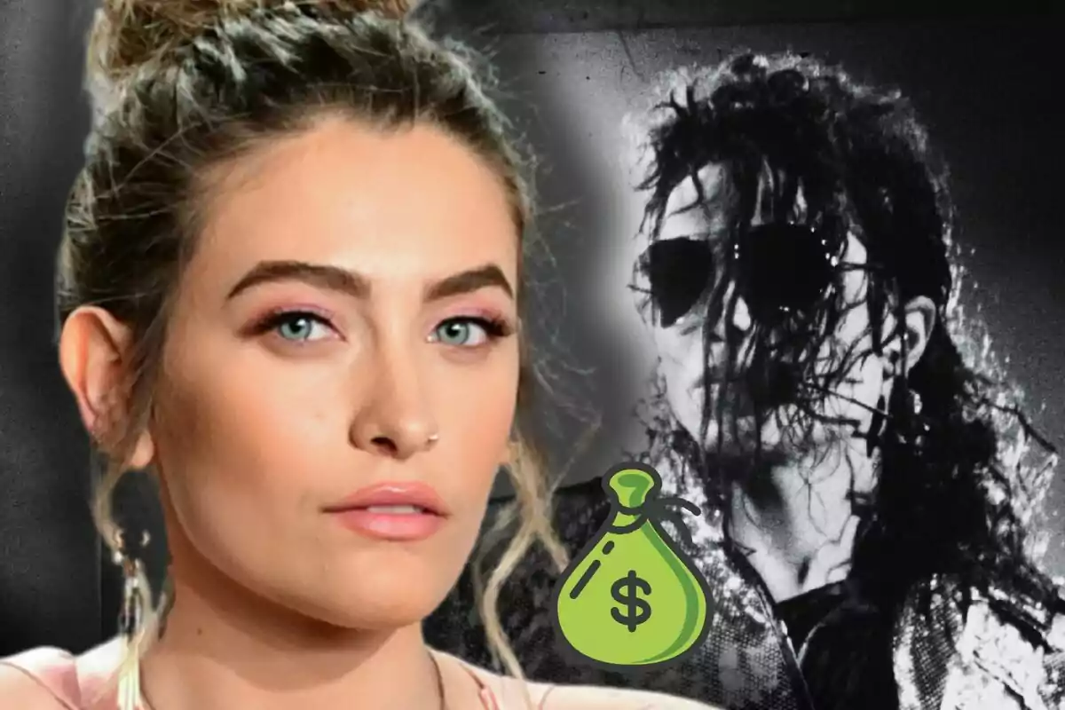 Paris Jackson en primer plano con una imagen en blanco y negro de Michael Jackson con gafas oscuras al fondo y un ícono de bolsa de dinero superpuesto