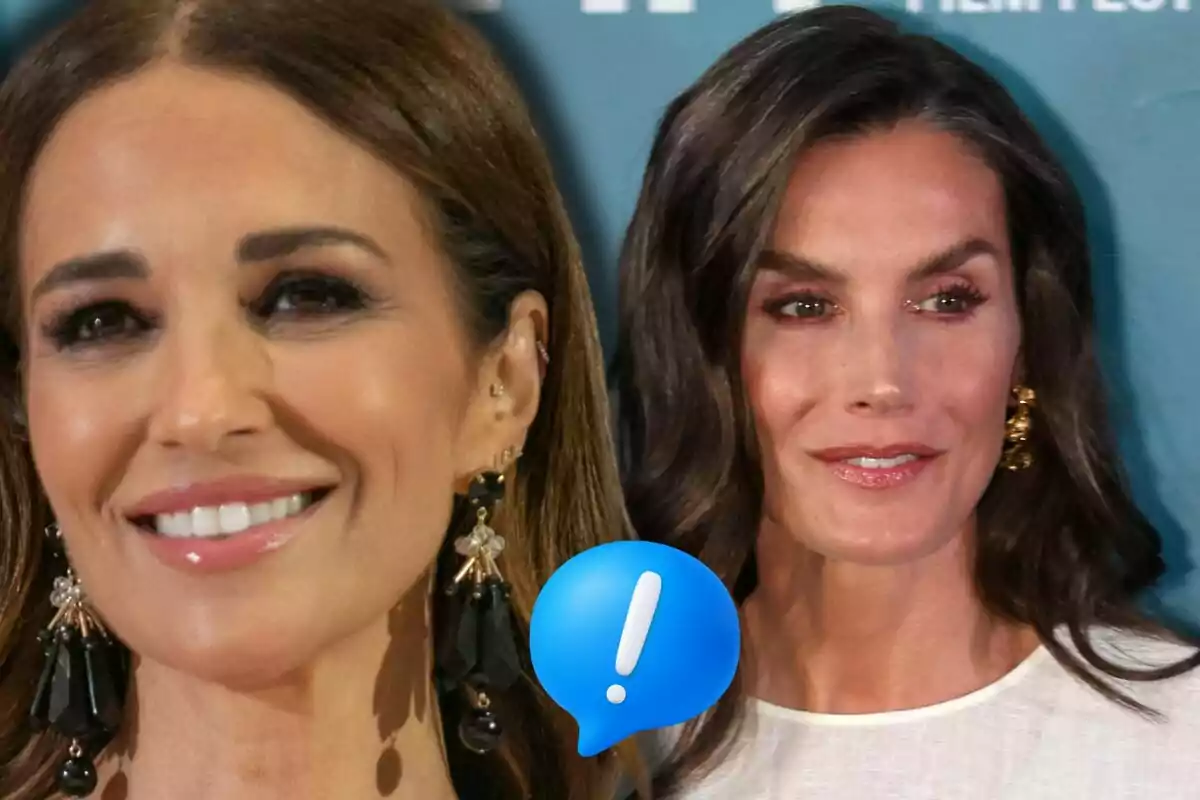 Paula Echevarría y la reina Letizia posan sonrientes en un montaje fotográfico con un emoji azul de exclamación en el centro