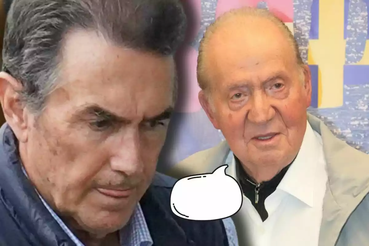 Pedro Campos i Joan Carles I apareixen en primer pla, un d’ells amb expressió seriosa i l’altre mirant al front, amb un globus de diàleg buit entre tots dos.