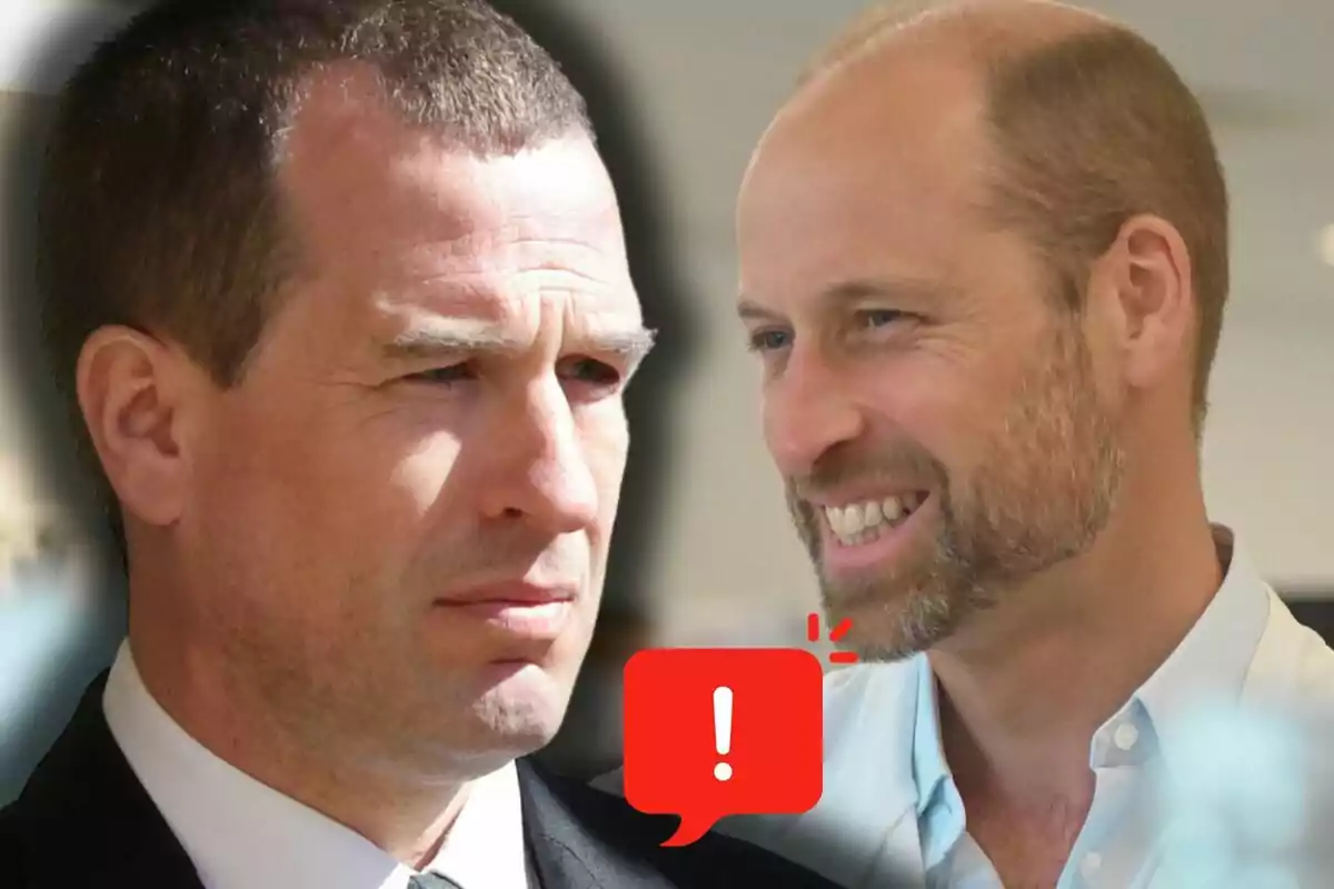 Peter Phillips i el príncep Guillem, un amb expressió seriosa i l’altre somrient, amb una icona d’advertència vermella al centre de la imatge