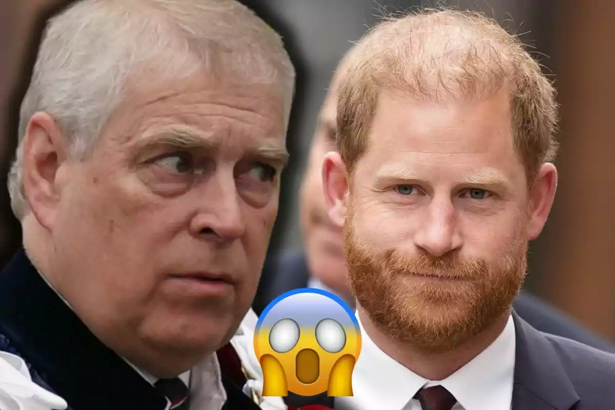 El príncipe Andrés y el príncipe Harry con expresiones serias y un emoji de sorpresa en el centro