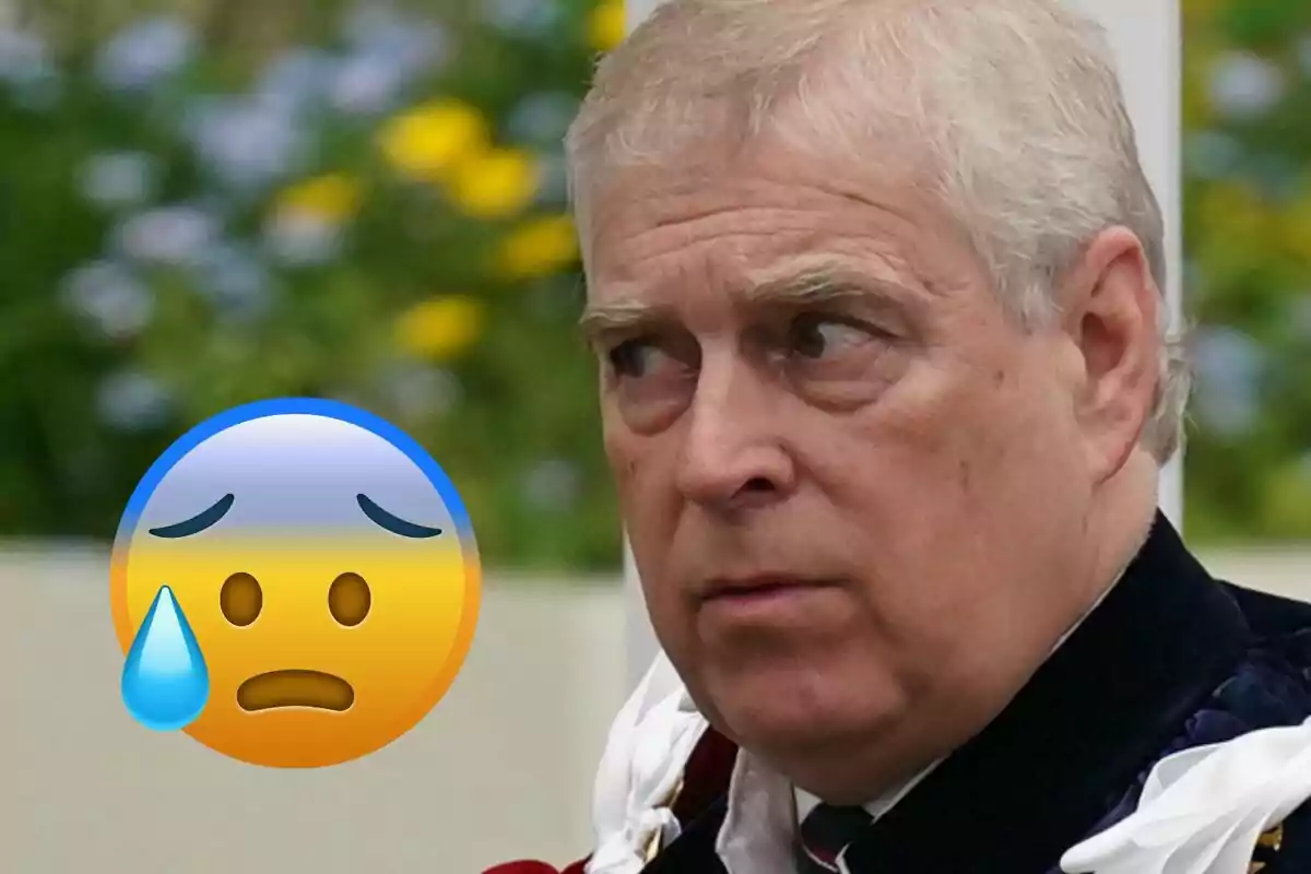 Prince Andrew with a serious expression and a worried emoji with a sweat drop on a background of blurred flowers