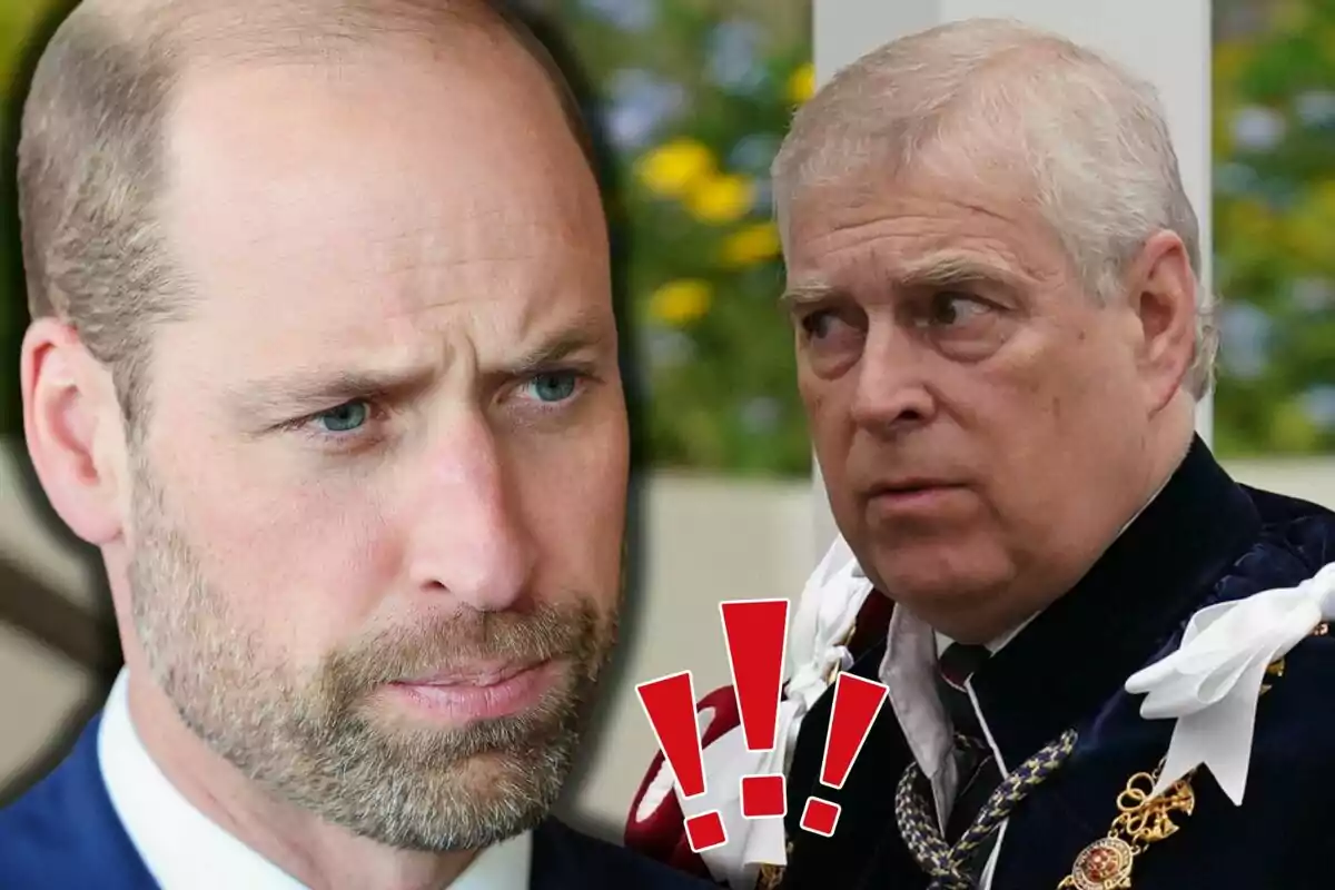 Princes William and Andrew with serious expressions and three red exclamation marks in the center