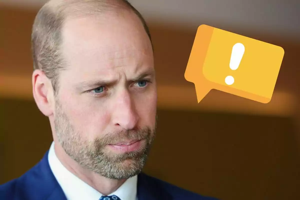 Prince William with a serious expression and a yellow speech bubble with an exclamation mark