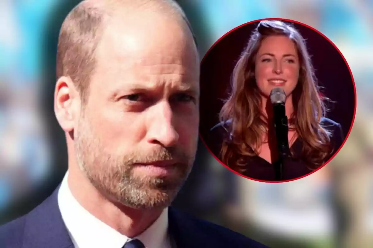 El príncep Guillem amb vestit i expressió seriosa en primer pla i Rose Farquar cantant davant d’un micròfon dins d’un cercle vermell a la cantonada superior dreta