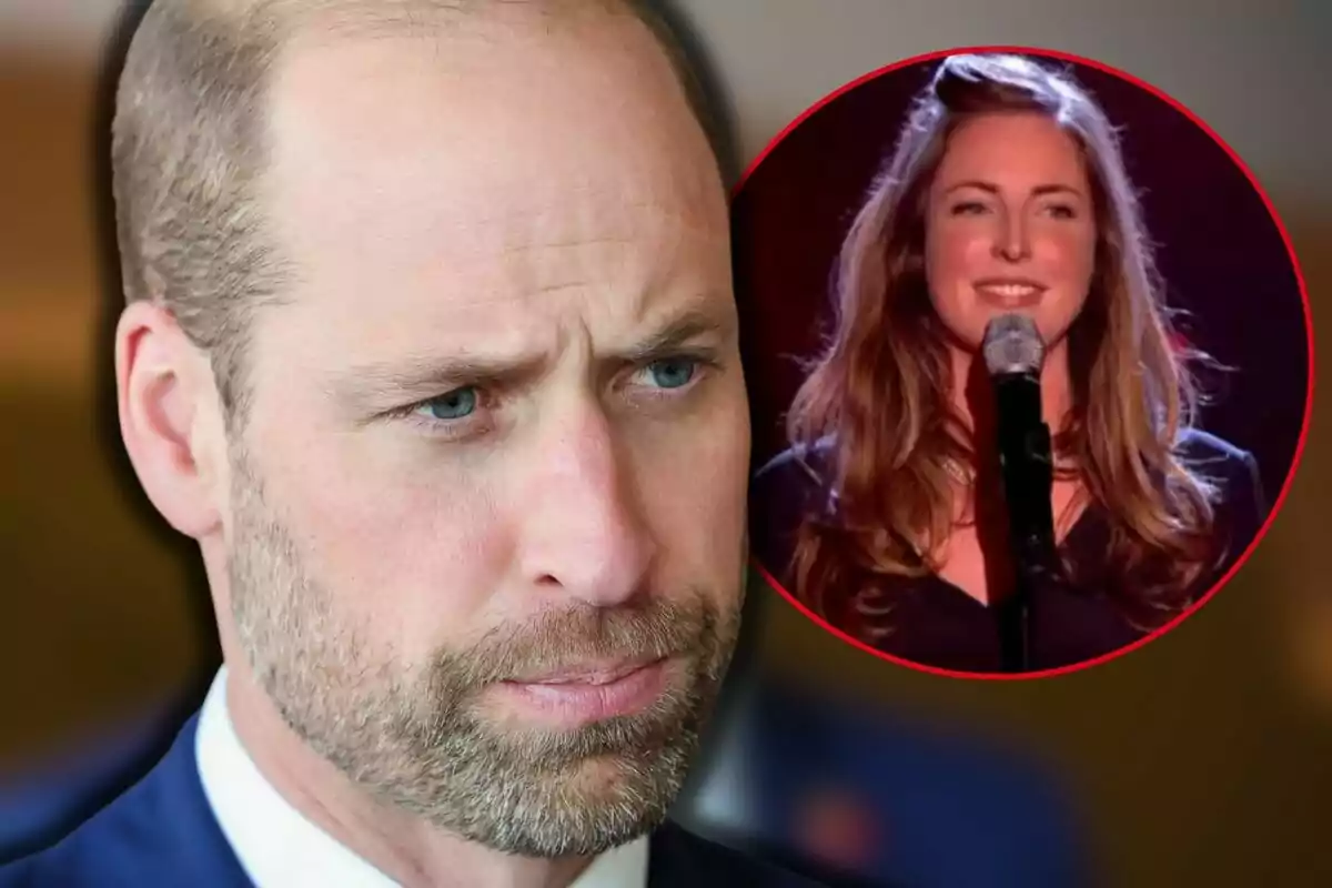 El príncep Guillem d’expressió seriosa en primer pla amb la Rose Farquhar cantant en un micròfon dins d’un cercle a la cantonada superior dreta