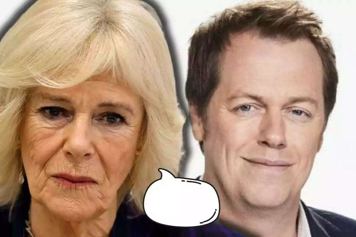 La reina Camila amb expressió seriosa al costat de Tom Parker amb expressió somrient amb una bombolla de diàleg buida entre ells