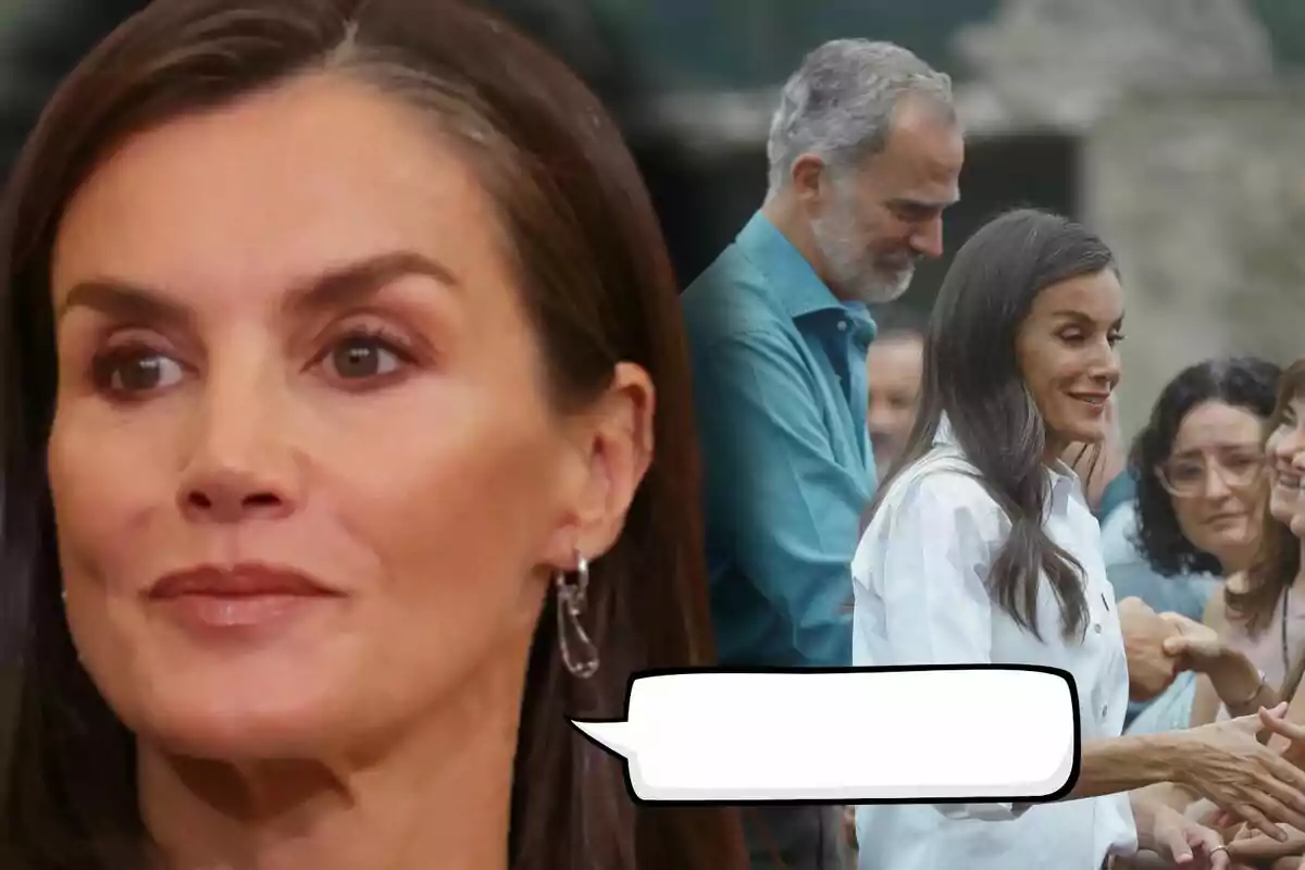 Close-up of Queen Letizia with a serious expression, and in the background the same woman is smiling while greeting several people alongside Felipe VI, with an empty speech bubble at the bottom.