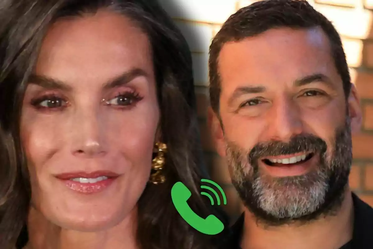 Primer plano de la reina Letizia y Jaime Anglada con un icono de llamada telefónica verde entre ellos
