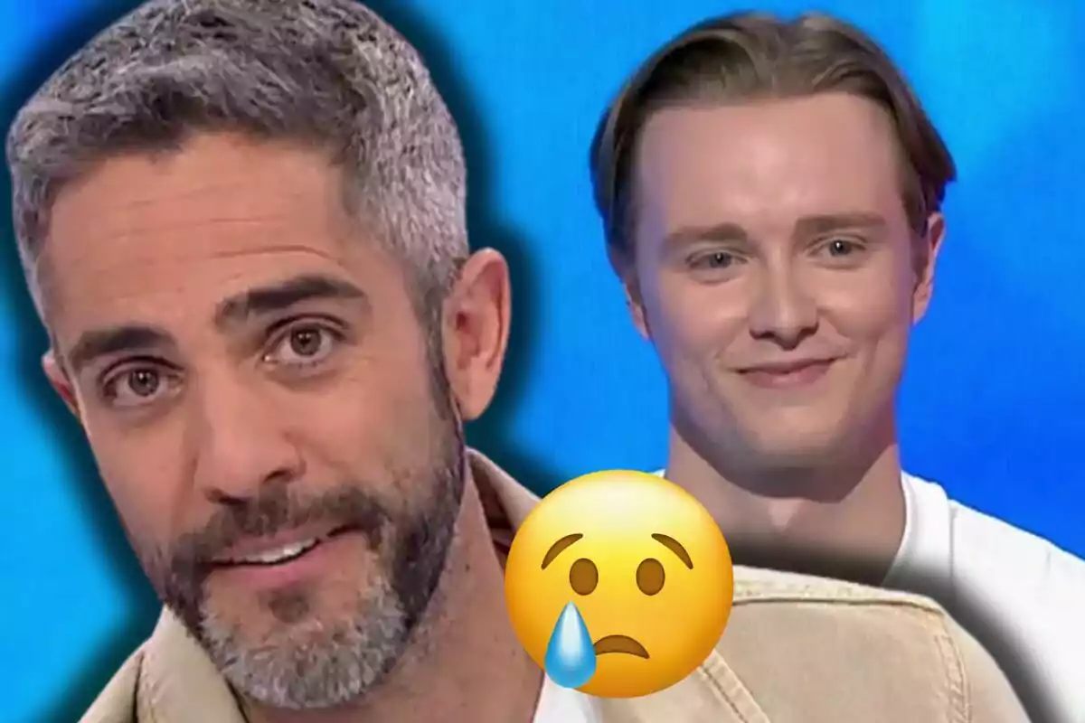 Roberto Leal i Manu Pascual en primer pla amb una expressió seriosa i un emoji de carona trista amb una llàgrima superposada