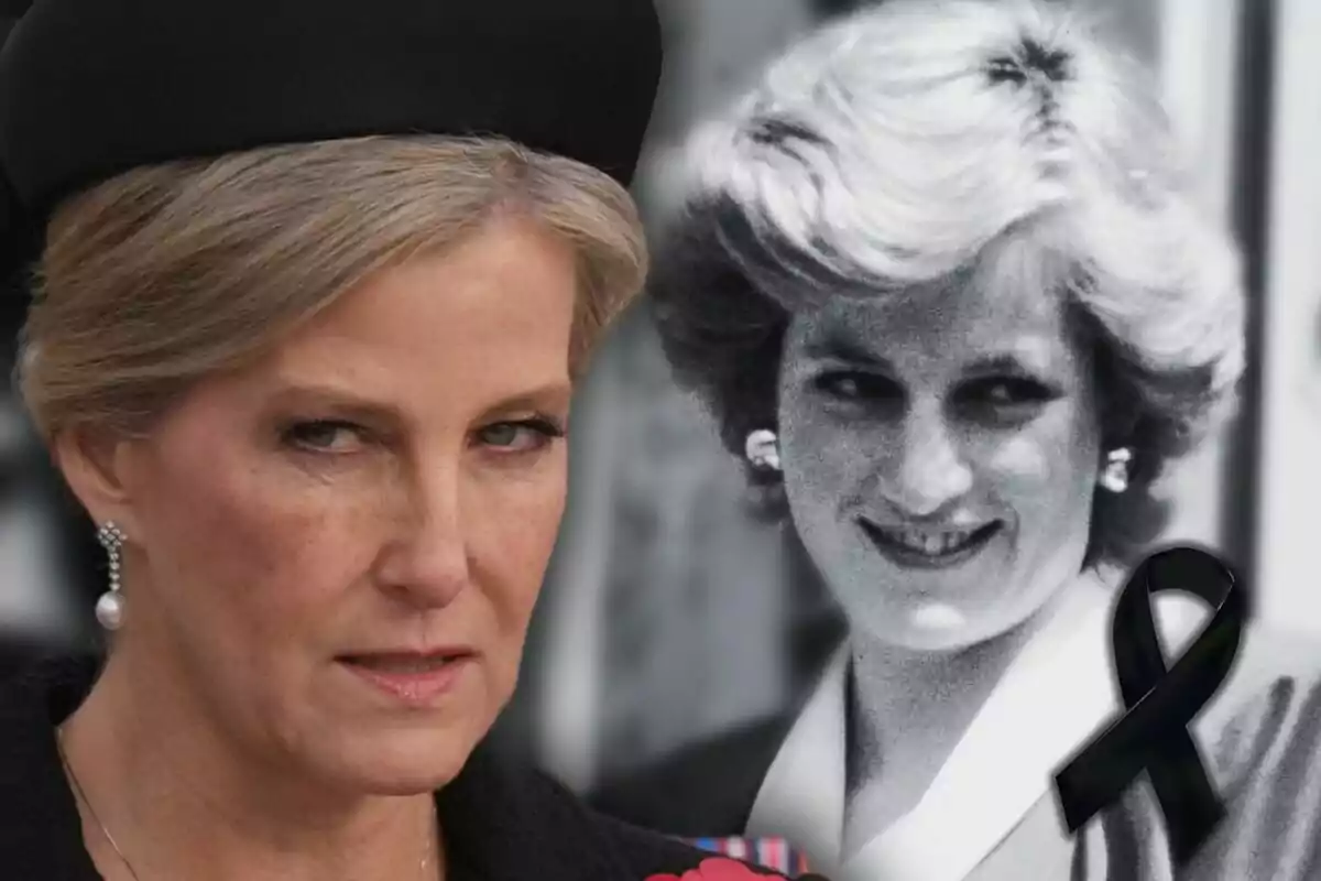 Sophie, duquesa de Edimburgo, y Lady Di aparecen en la imagen, una en primer plano con expresión seria y otra en blanco y negro al fondo sonriendo, junto a un moño negro de luto.