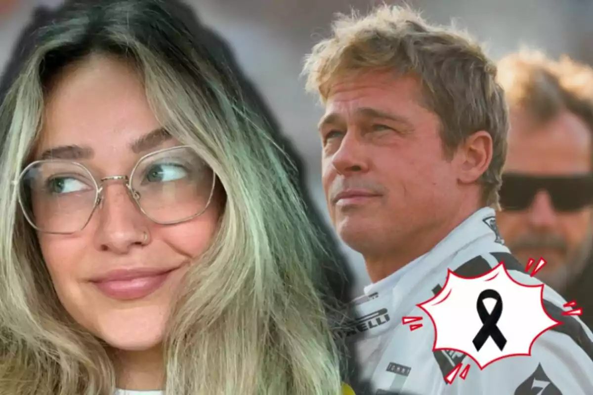 Sydney Pitt amb ulleres somriu mentre Brad Pitt amb vestit de curses apareix al fons i un llaç negre és a la cantonada de la imatge.