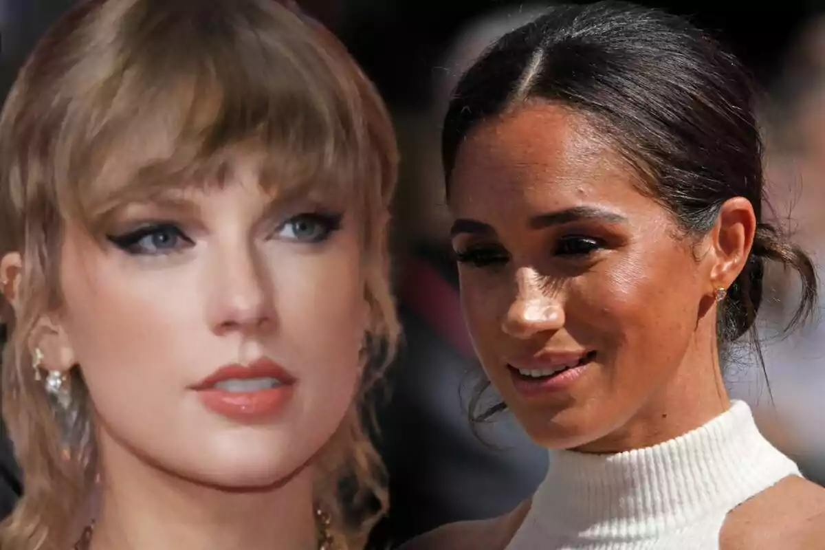 Taylor Swift y Meghan Markle posan en primer plano con expresiones serenas y fondo desenfocado.