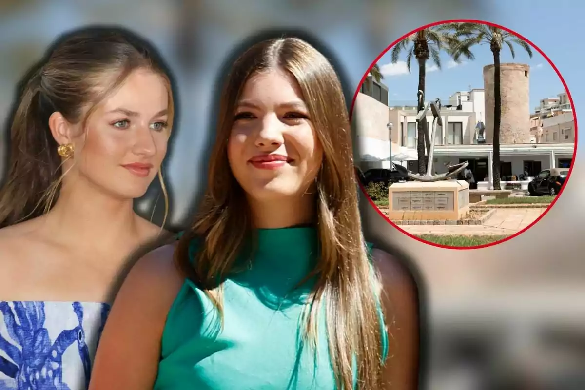 Princess Leonor and Infanta Sofía smile in the foreground while in the background there is a square with palm trees, an anchor sculpture, and a stone tower.