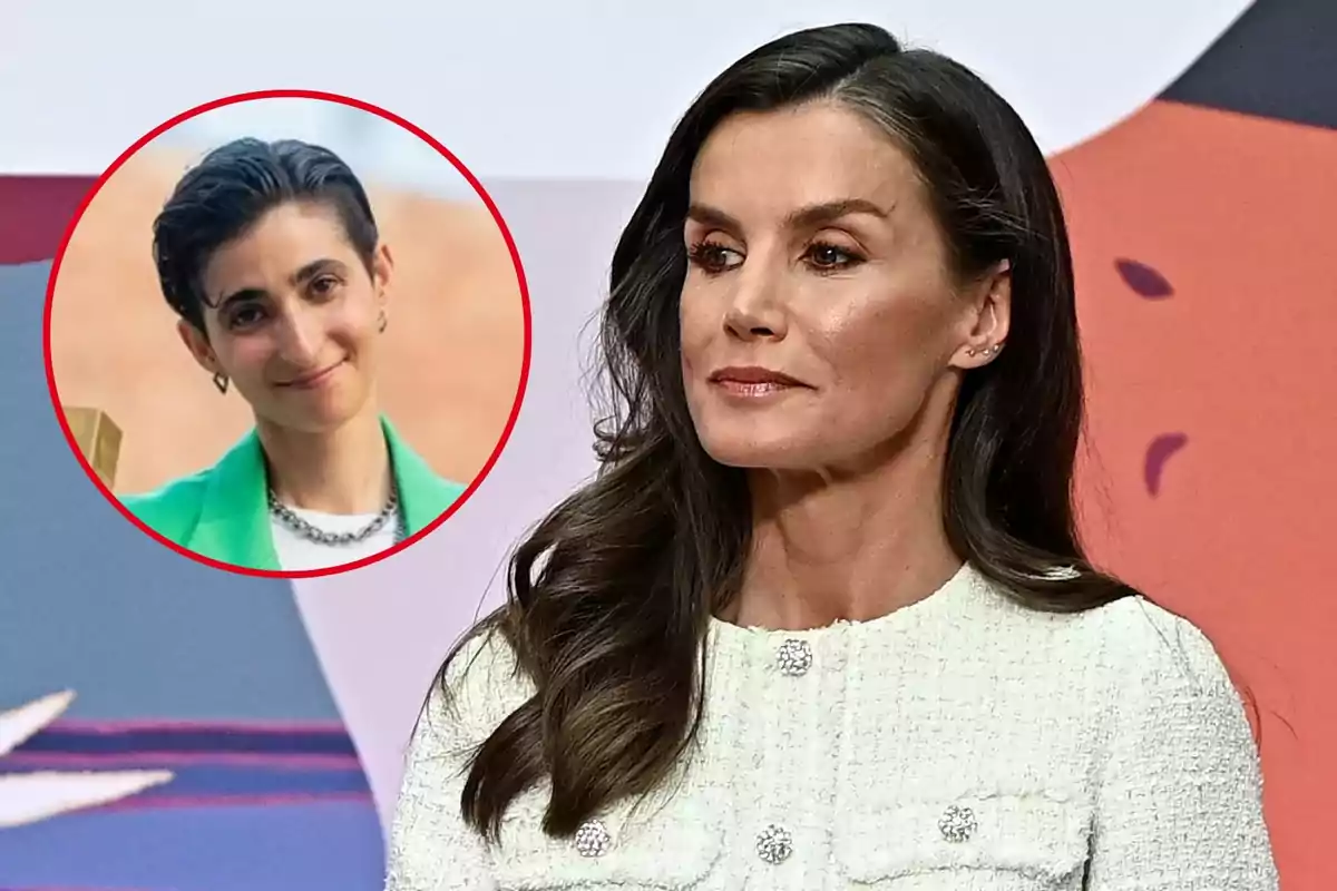 Montage featuring Queen Letizia, with long dark hair and a serious expression in the foreground, and Alba Flores, smiling with short hair inside a red circle in the upper left corner.