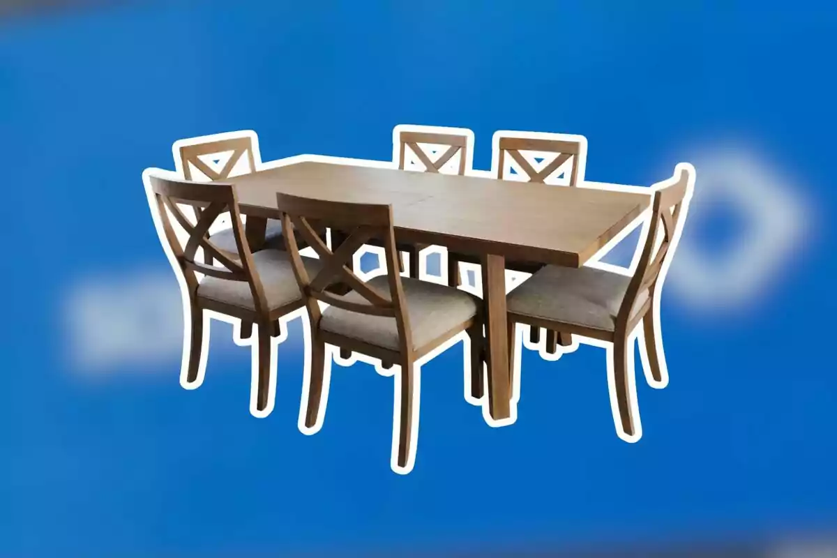 Wooden dining set with six chairs on a blue background Wooden dining set with six chairs on a blue background