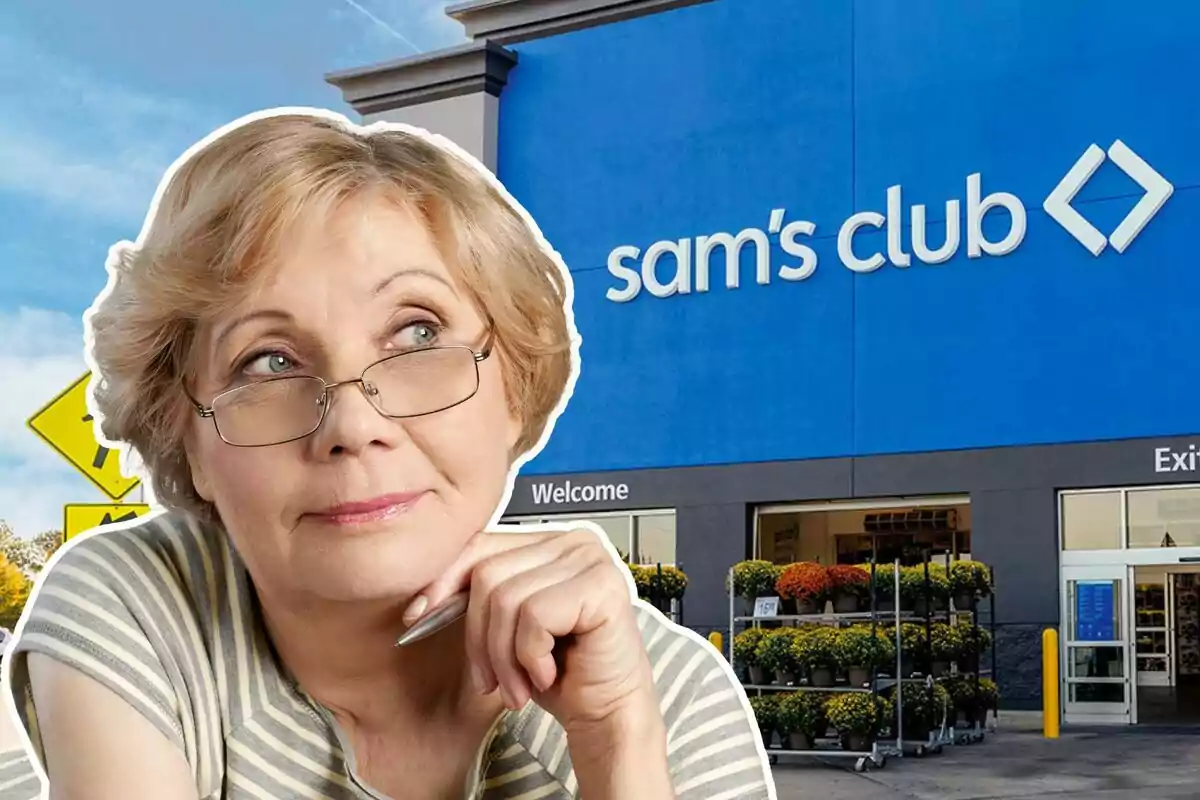Older woman with glasses and a thoughtful expression in front of a Sam's Club entrance