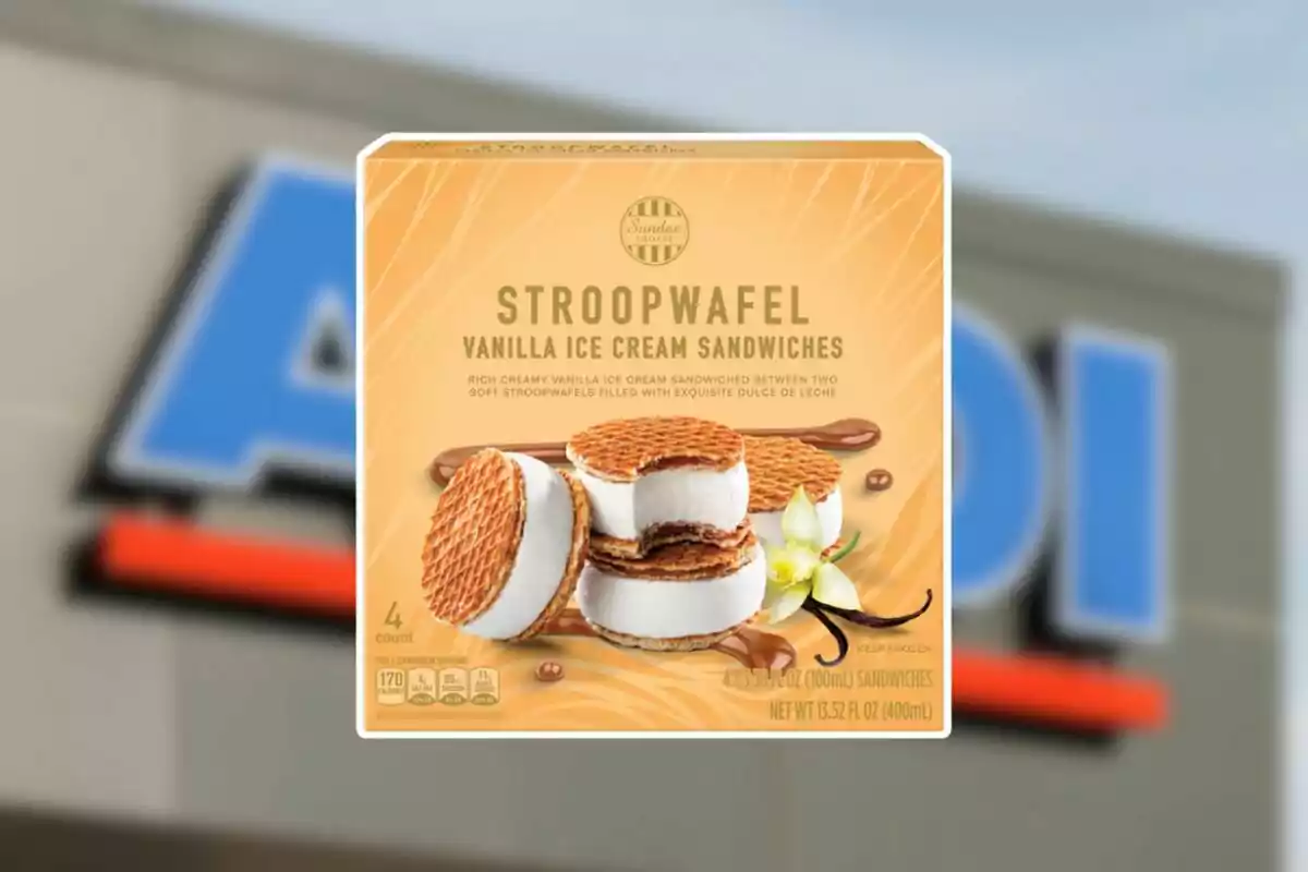 Caja de sándwiches de helado de vainilla con galleta stroopwafel frente a un fondo borroso de una tienda Aldi Caja de sándwiches de helado de vainilla con galleta stroopwafel frente a un fondo borroso de una tienda Aldi