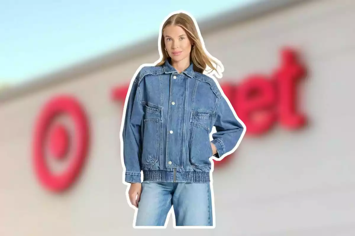 Woman wearing a denim jacket and jeans posing in front of a blurred Target store Woman wearing a denim jacket and jeans posing in front of a blurred Target store